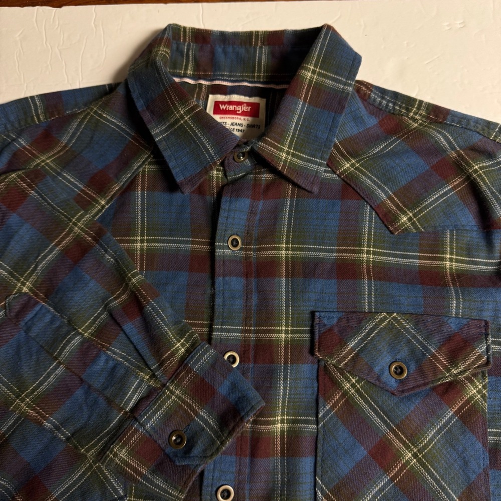Wrangler Greensboro Mens L Plaid‎ Western Shirt Blue Brown Green Long Sleeve